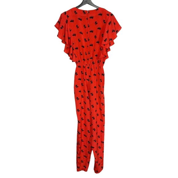 Vintage 80s Red Black Print Short Sleeve Flutter Jumpsuit Small - Picture 3 of 11